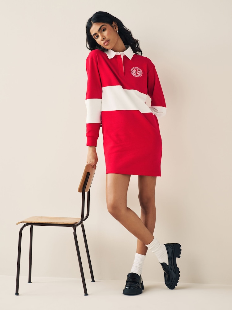 Red Graphic Polo Rugby Longsleeve Mini Shirt Dress - Image 2 of 6