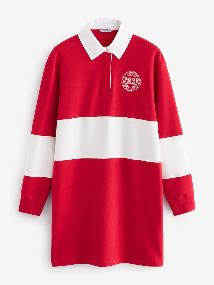 Red Graphic Polo Rugby Longsleeve Mini Shirt Dress - Image 5 of 6