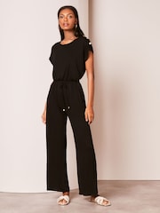 Lipsy Black Petite Miltary Button Shorts Sleeve Jersey Jumpsuit - Image 3 of 4