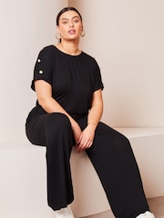 Lipsy Black Curve Miltary Button Shorts Sleeve Jersey Jumpsuit - Image 1 of 4