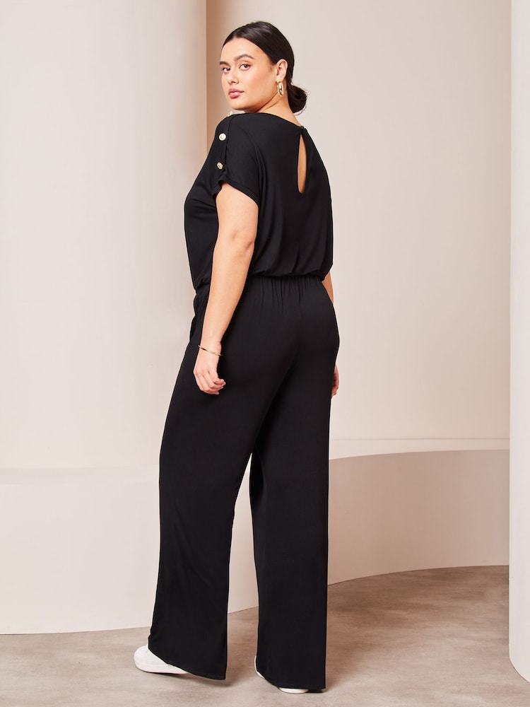 Lipsy Black Curve Miltary Button Shorts Sleeve Jersey Jumpsuit - Image 2 of 4