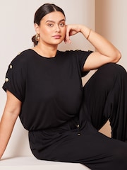 Lipsy Black Curve Miltary Button Shorts Sleeve Jersey Jumpsuit - Image 4 of 4