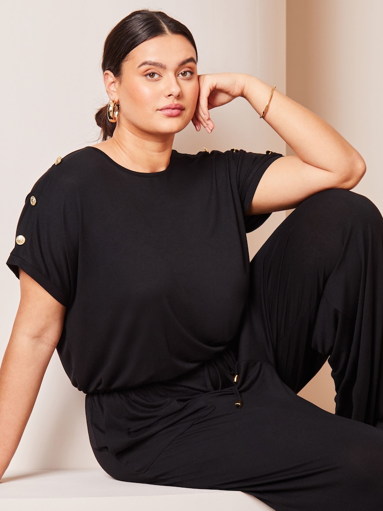 Lipsy Black Curve Miltary Button Shorts Sleeve Jersey Jumpsuit - Image 4 of 4