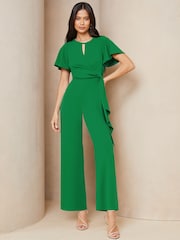 Lipsy Green Flutter Sleeve Tie Side Wide Leg Jumpsuit - Image 1 of 4