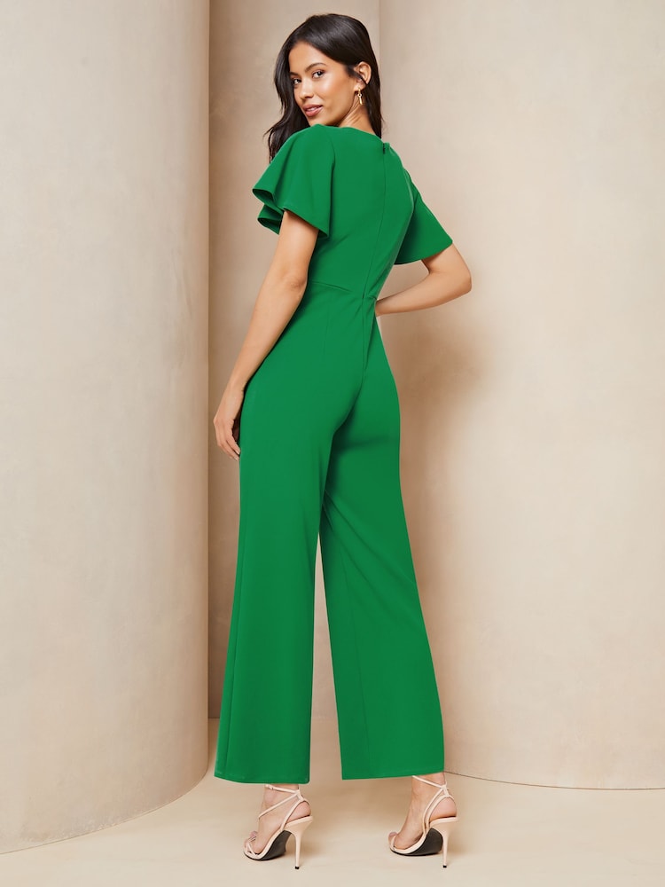 Lipsy Green Flutter Sleeve Tie Side Wide Leg Jumpsuit - Image 2 of 4