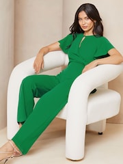 Lipsy Green Flutter Sleeve Tie Side Wide Leg Jumpsuit - Image 3 of 4