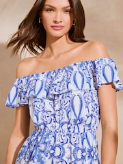 Blau - Lipsy Bedruckter Rüschen-Sommer-Urlaubs-Overall mit Carmenausschnitt - Bild 4 von 4