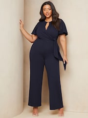Lipsy Navy Blue Curve Flutter Sleeve Tie Side Wide Leg Jumpsuit - Image 1 of 4