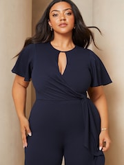Lipsy Navy Blue Curve Flutter Sleeve Tie Side Wide Leg Jumpsuit - Image 3 of 4