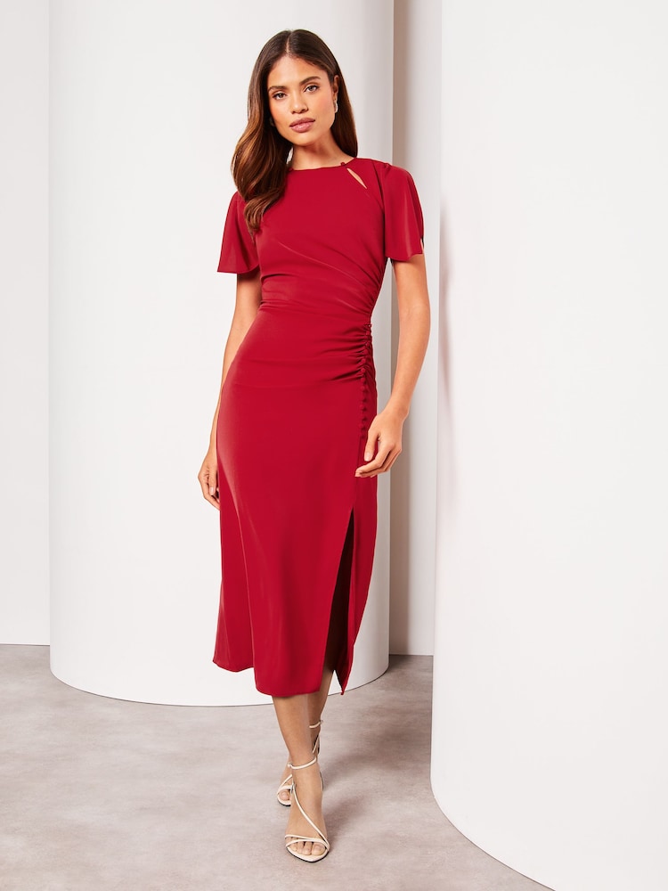 Lipsy Red Ruched Button Front Sleeved Midi Dress - Image 1 of 4 Lipsy Red Ruched Button Front Sleeved Midi Dress - Image 1 of 4