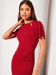 Lipsy Red Ruched Button Front Sleeved Midi Dress - Image 3 of 4