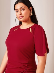 Lipsy Red Curve Ruched Button Front Sleeved Midi Dress - Image 4 of 4