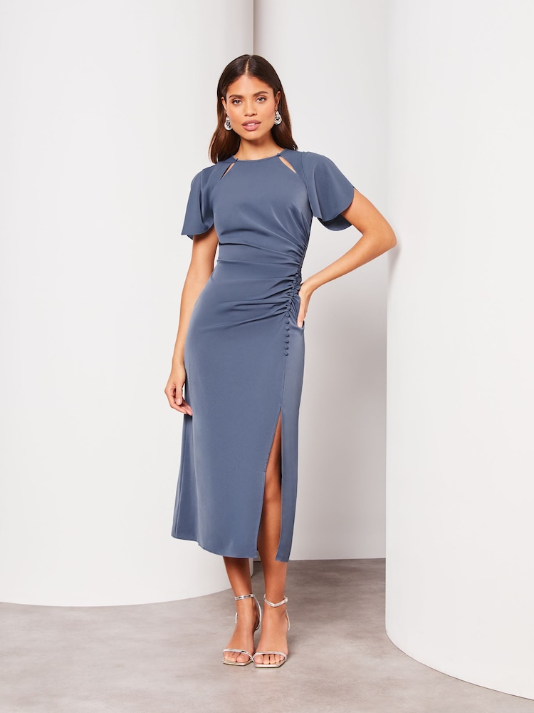 Lipsy Blue Ruched Button Front Sleeved Midi Dress - Image 1 of 4 Lipsy Blue Ruched Button Front Sleeved Midi Dress - Image 1 of 4