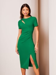 Lipsy Green Cut Out Ruched Shortss Sleeve Bodycon Dress - Image 1 of 4