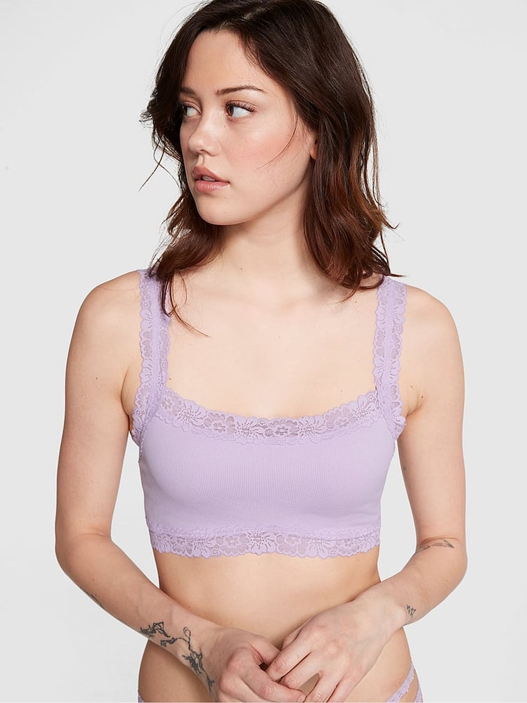 Victoria's Secret PINK Pastel Lilac Purple Lace Trim Rib Seamless Bralette - Image 1 of 3