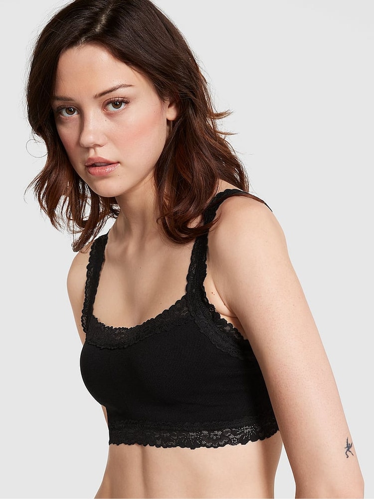 Victoria's Secret PINK Pure Black Lace Trim Rib Seamless Bralette - Image 1 of 3