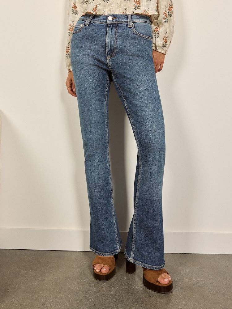BHOEM Mid Blue Bootcut Side-Slit Stretch Jeans - Image 1 of 5 BHOEM Mid Blue Bootcut Side-Slit Stretch Jeans - Image 1 of 5