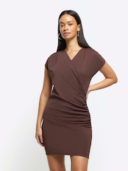 River Island Brown Ruched Wrap Drape Mini Dress - Image 1 of 6