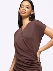 River Island Brown Ruched Wrap Drape Mini Dress - Image 4 of 6