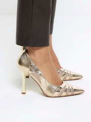 River Island Gold Cut Out Heeled Court Shoes - Image 1 of 5