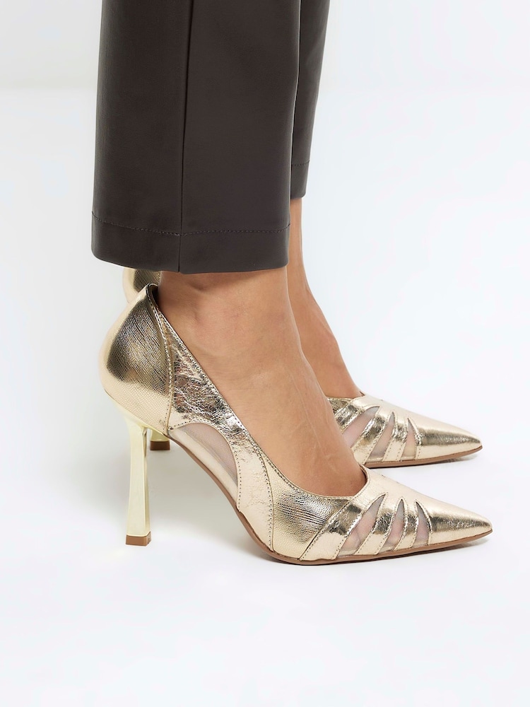 River Island Gold Cut Out Heeled Court Shoes - Image 1 of 5