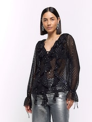 River Island Black Black Frill Blouse - Image 1 of 6