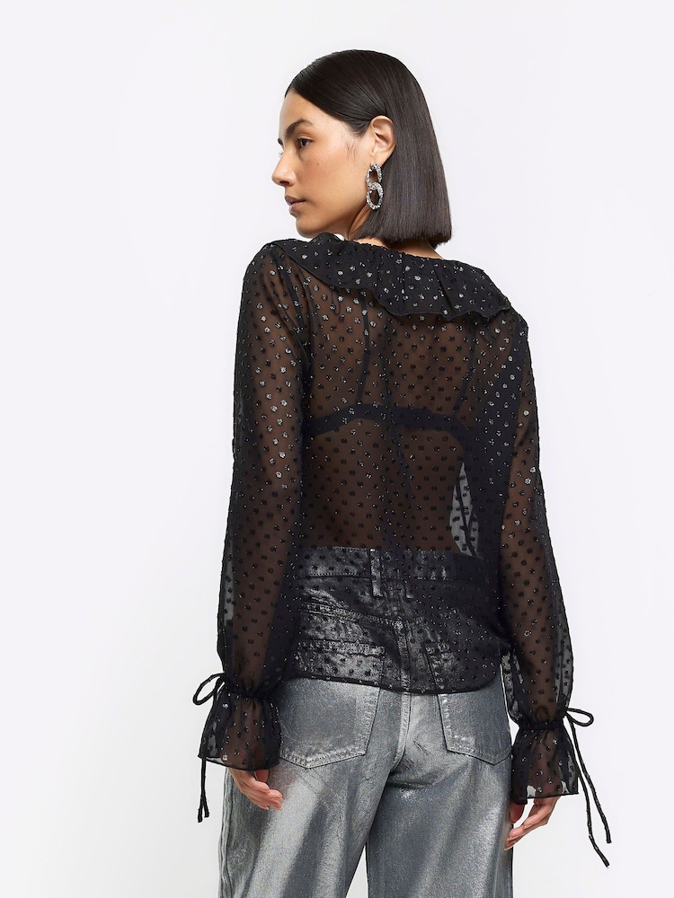River Island Black Black Frill Blouse - Image 2 of 6 River Island Black Black Frill Blouse - Image 2 of 6