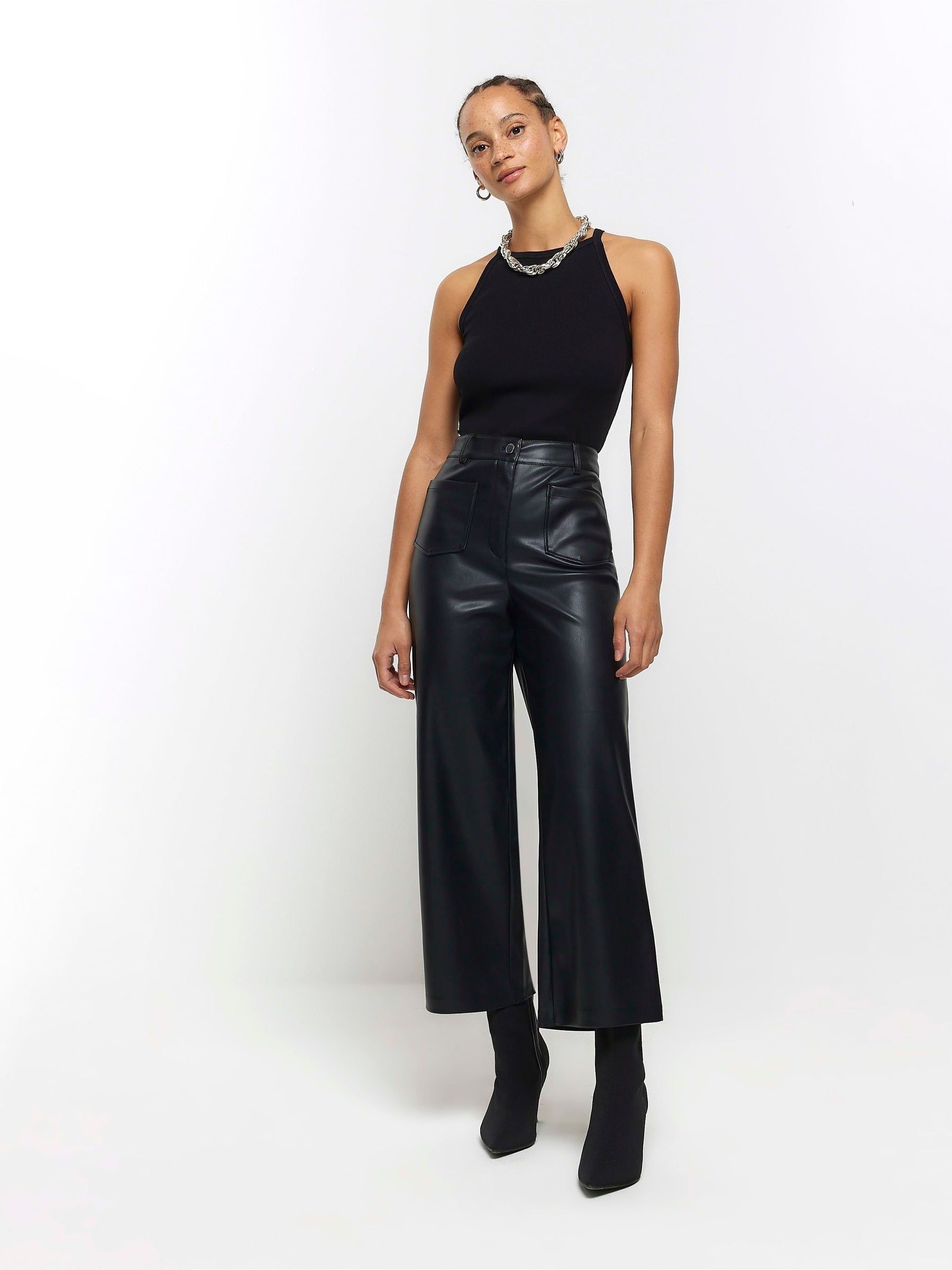 Buy River Island Black Faux Leather Crop Trousers from Next USA