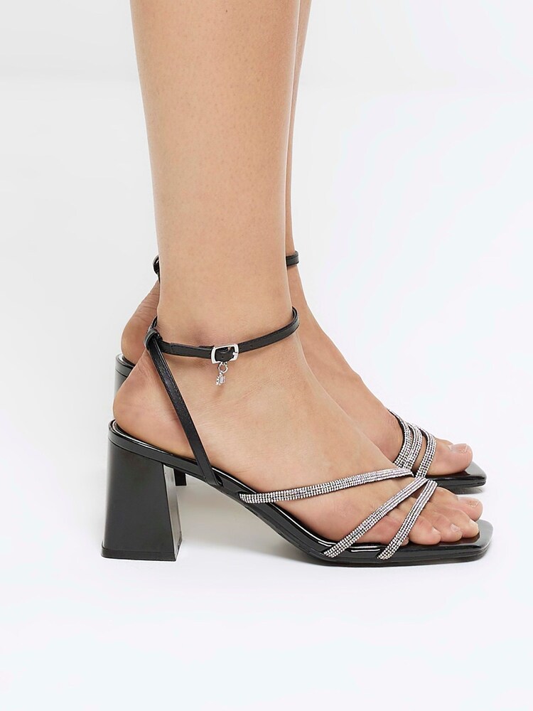 River Island Black Wide Fit Embellished Black  Heeled Sandals - Image 1 of 4