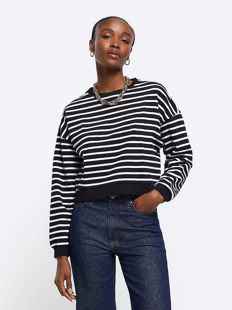 River Island Black Stripe Cropped 100% Cotton Sweatshirt - Image 1 of 6
