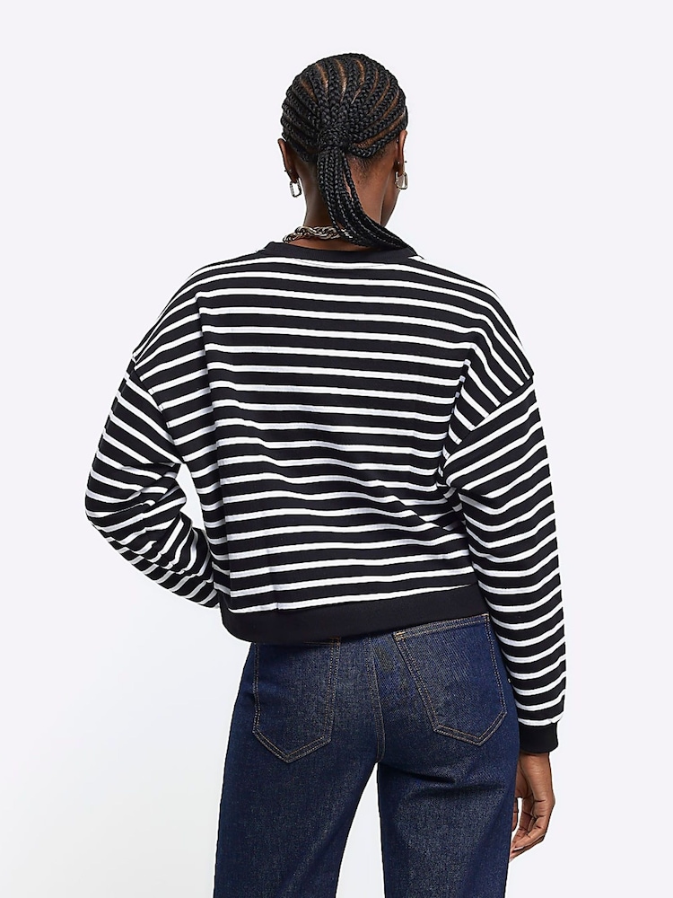 River Island Black Stripe Cropped 100% Cotton Sweatshirt - Image 2 of 6