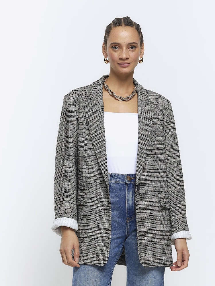 River Island Grey Check Flannel Blazer - Image 1 of 5 River Island Grey Check Flannel Blazer - Image 1 of 5