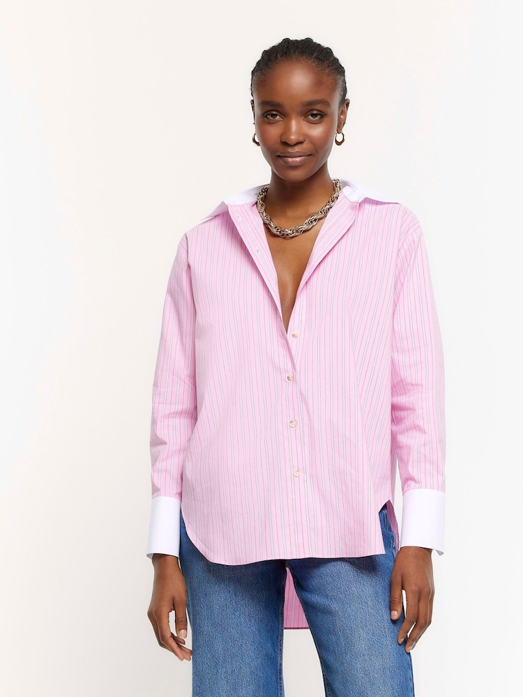 Różowy - River Island Oversized Fit Stripe Shirt - Image 1 of 4