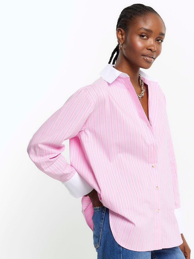 Różowy - River Island Oversized Fit Stripe Shirt - Image 3 of 4