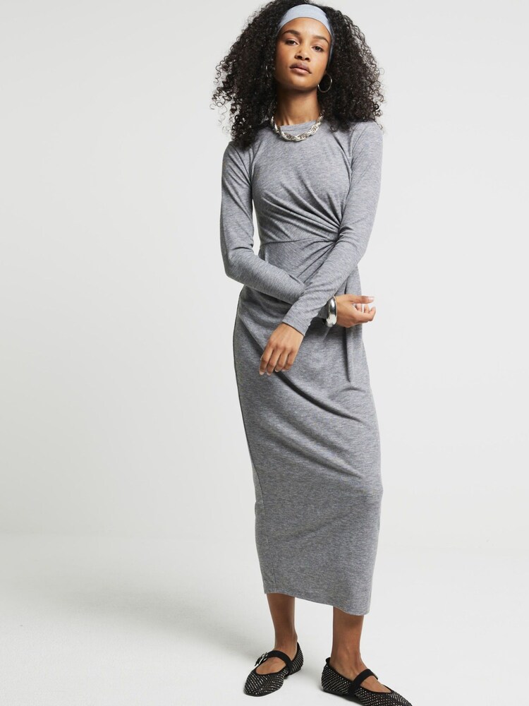 River Island Grey 100% Cotton Cosy Twist Column Dress - Image 1 of 6 River Island Grey 100% Cotton Cosy Twist Column Dress - Image 1 of 6