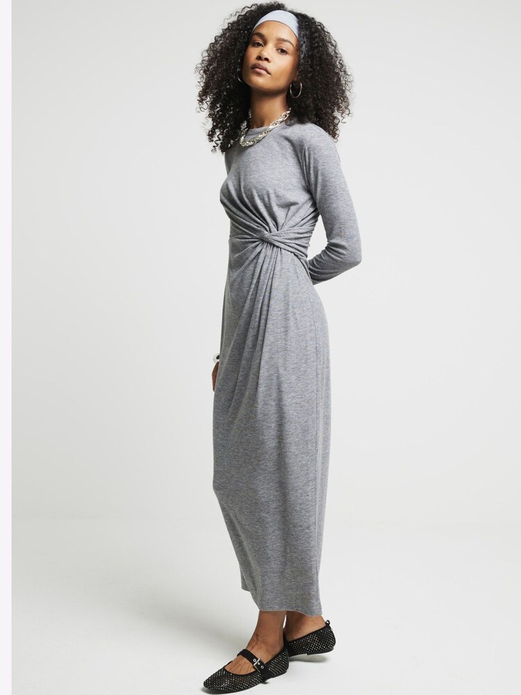 River Island Grey 100% Cotton Cosy Twist Column Dress - Image 2 of 6 River Island Grey 100% Cotton Cosy Twist Column Dress - Image 2 of 6