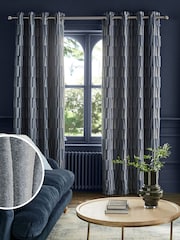 Navy Blue Abstract Blocks Jacquard Eyelet Lined Curtains - Image 2 of 6