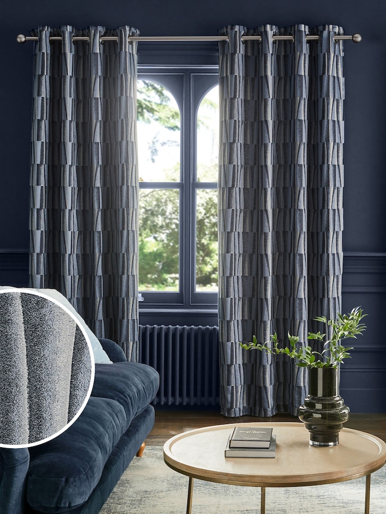 Navy Blue Abstract Blocks Jacquard Eyelet Lined Curtains - Image 2 of 6