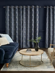 Navy Blue Abstract Blocks Jacquard Eyelet Lined Curtains - Image 3 of 6
