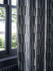 Navy Blue Abstract Blocks Jacquard Eyelet Lined Curtains - Image 4 of 6
