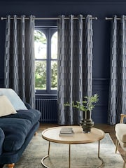 Navy Blue Abstract Blocks Jacquard Eyelet Lined Curtains - Image 5 of 6