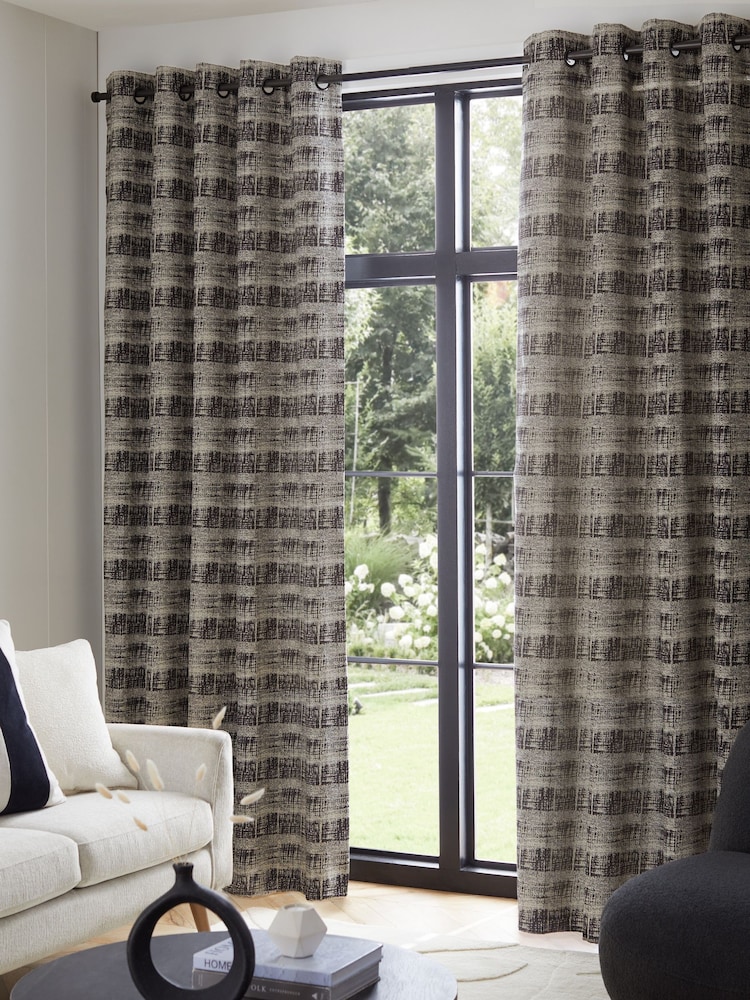 Black/White Abstract Jacquard Eyelet Lined Curtains - Image 2 of 6