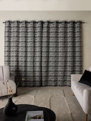 Black/White Abstract Jacquard Eyelet Lined Curtains - Image 4 of 6