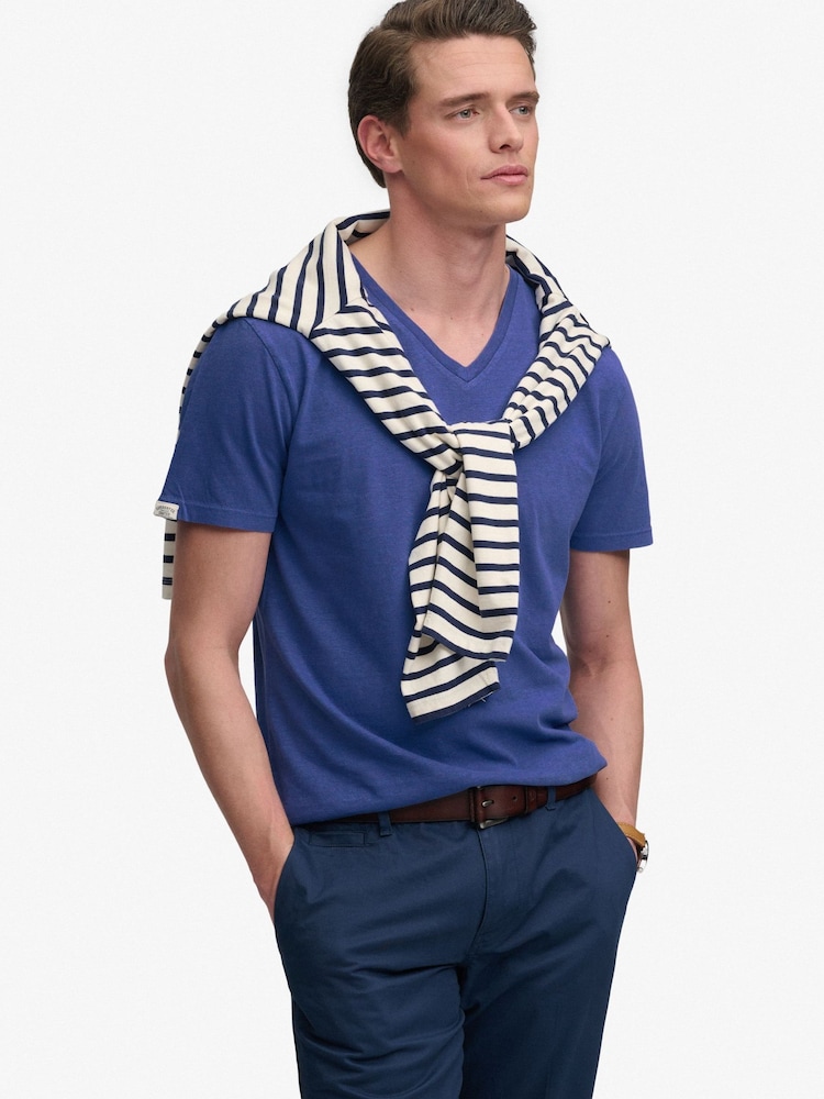 SUPERDRY Blue Classic Cotton Linen V-Neckline T-Shirt - Image 1 of 9