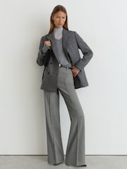 Reiss Grey Rosaria Petite Woven Pintuck-Detail Flared Trousers - Image 1 of 10