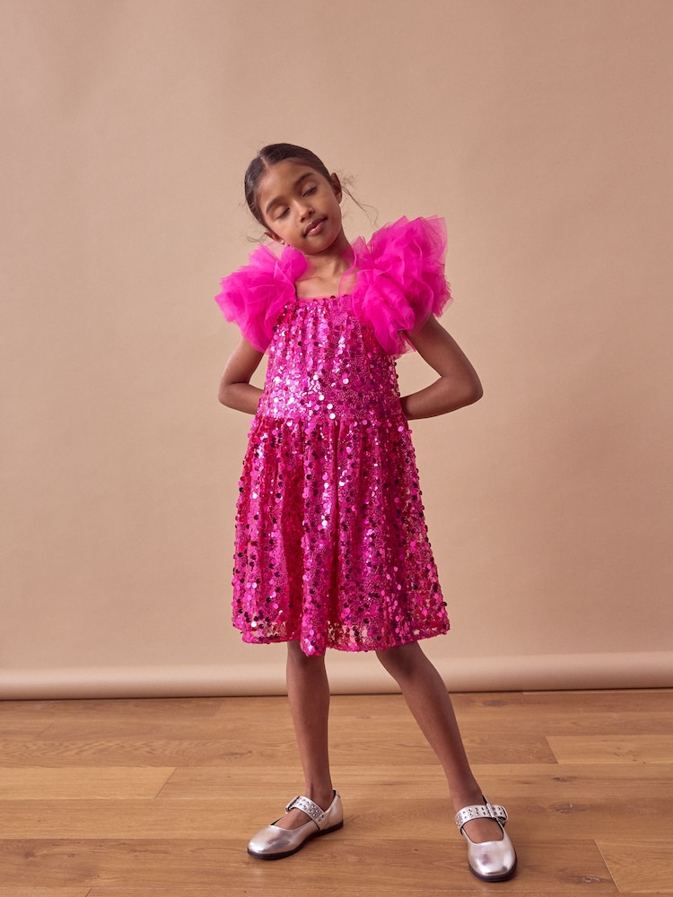 Pink Puff Sleeve Sequin Party Dress (3-14yrs) - Image 1 of 8 Pink Puff Sleeve Sequin Party Dress (3-14yrs) - Image 1 of 8