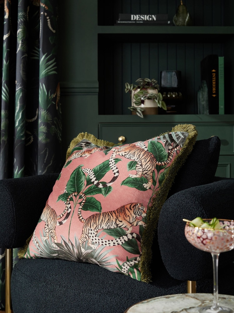 Pink 50 x 50cm Tiger Print Velvet Cushion - Image 2 of 5 Pink 50 x 50cm Tiger Print Velvet Cushion - Image 2 of 5