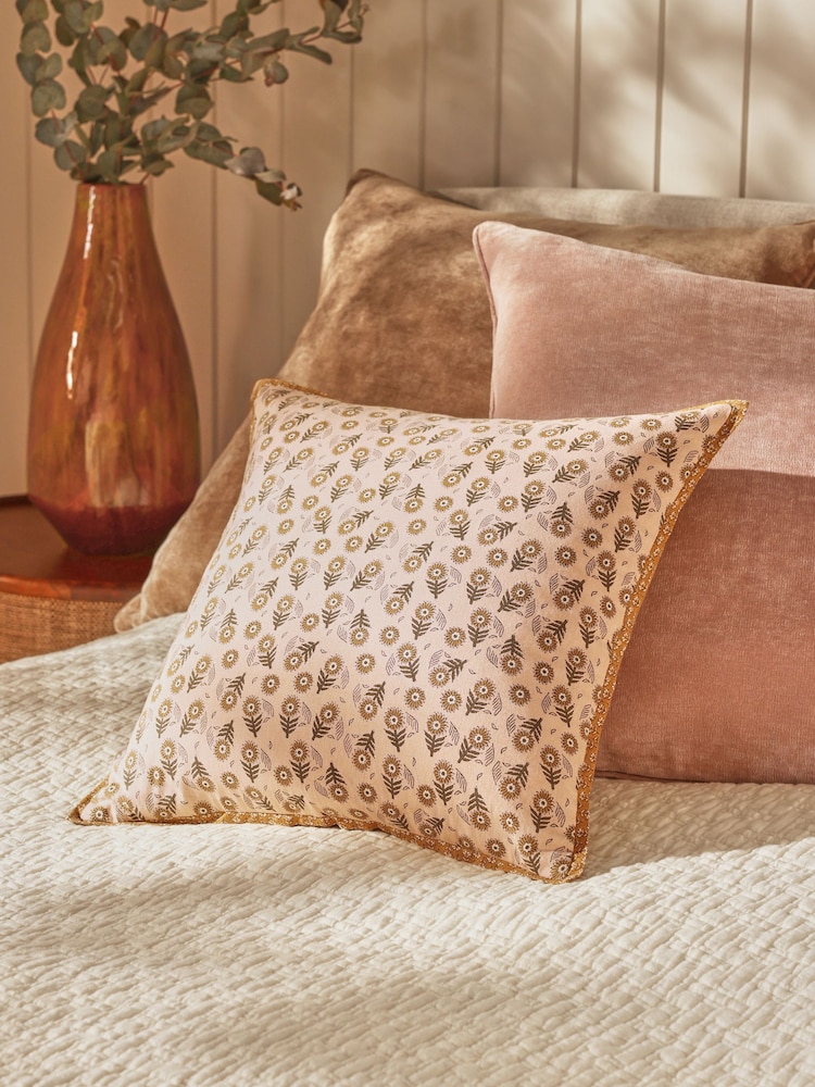 Orange 43 x 43cm Woodblock Floral Cushion - Image 1 of 5