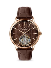 Spirit Brown Skeleton Automatic Rose Gold Plated Leather Strap Watch - Image 1 of 4