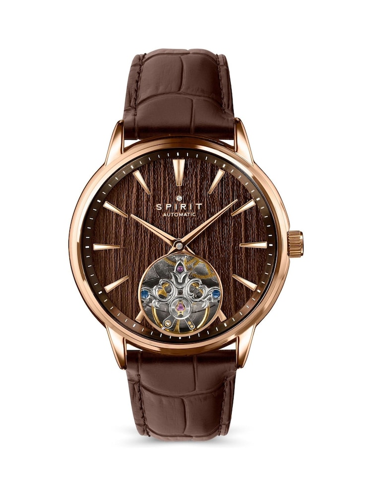 Spirit Brown Skeleton Automatic Rose Gold Plated Leather Strap Watch - Image 1 of 4 Spirit Brown Skeleton Automatic Rose Gold Plated Leather Strap Watch - Image 1 of 4